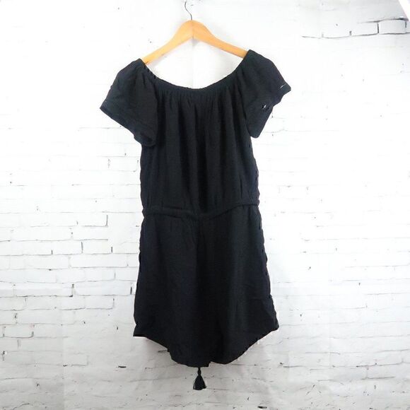 ANN TAYLOR LOFT BLACK SHORT SLEEVE ROUND NECK ROMPER WITH DRAWSTRING WAIST - Picture 9 of 10